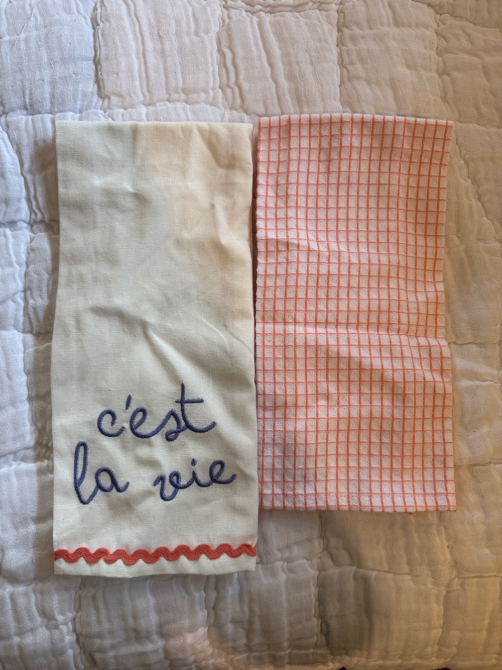 Set of Two Kitchen Towels - Ivory with Script & Coral Grid